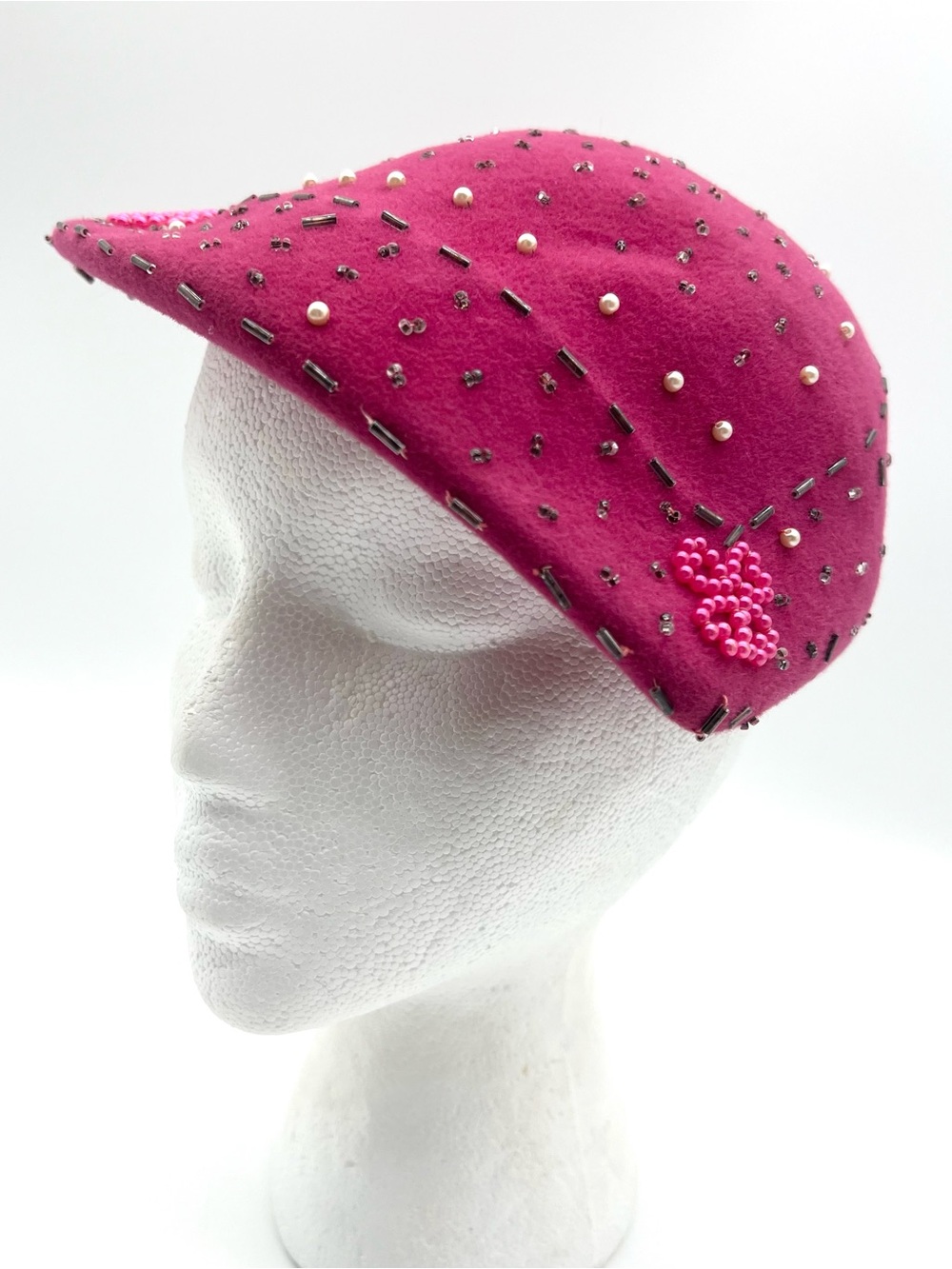 Vintage Lee Pink Genuine Velour Beaded Cocktail Hat Pearls Floral 1940s mid cent